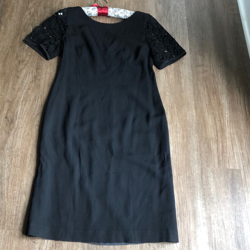 Louis Feraud crochet sleeves sheath dress in black.